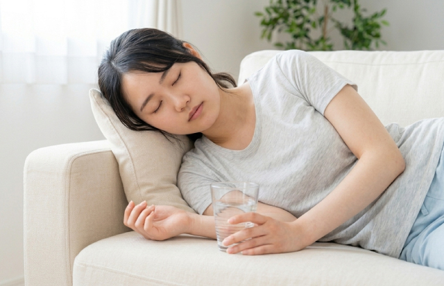 ソファに横になって休んでいる若い女性