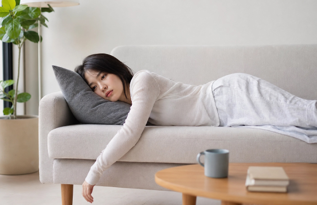 梅雨ダルでソファに寝転ぶ若い女性