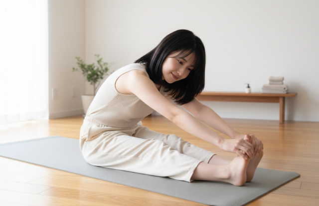 風呂上りにストレッチしている若い女性