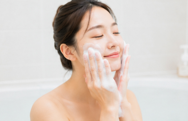 洗顔している若い女性 