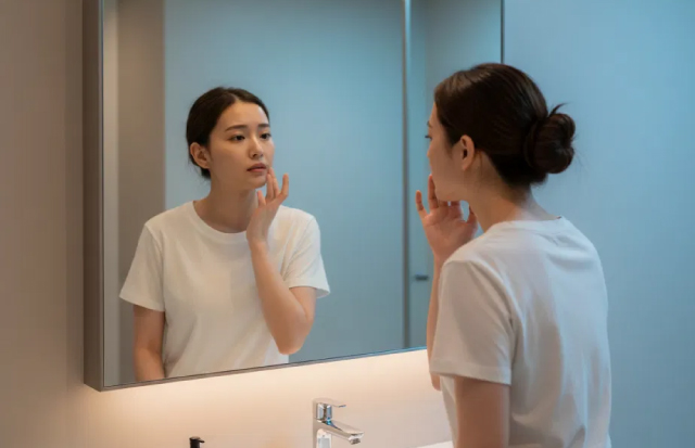 風呂上がりに肌の乾燥を気にする若い女性