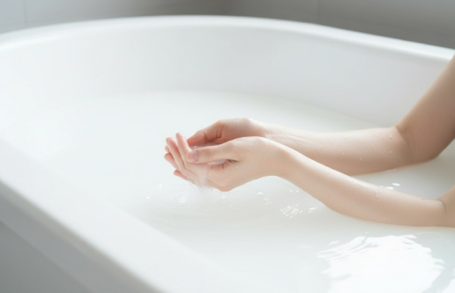 白濁したお湯を手ですくう女性の指先
