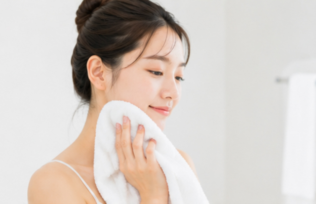 お風呂上りにタオルドライしている若い女性