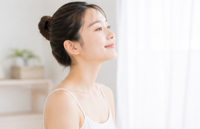 お風呂上りにスキンケアをし、自分の肌に満足している若い女性