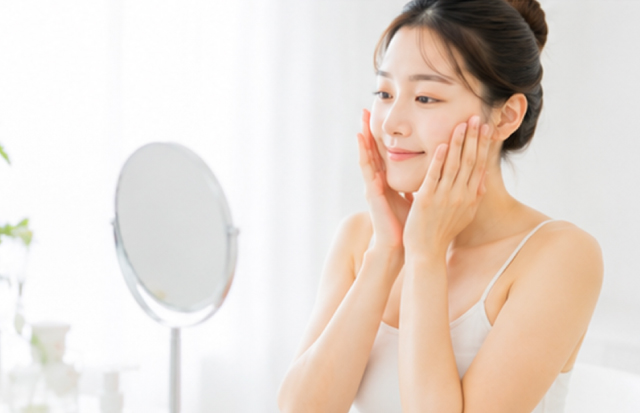 お風呂上りにスキンケアをしている若い女性