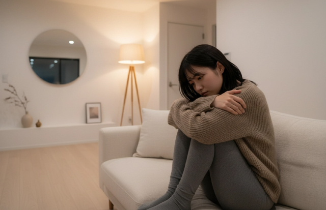 体調不良を感じソファに座り込む若い女性