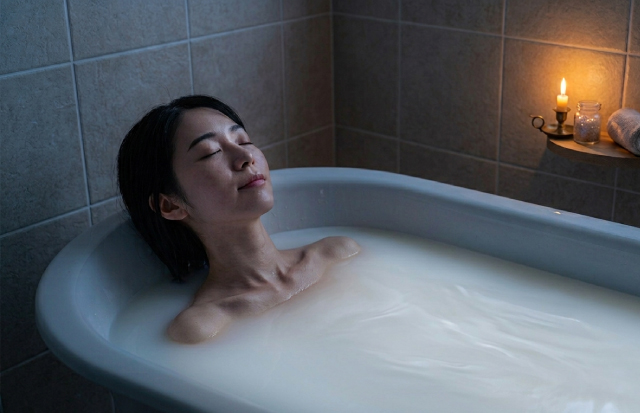 湯舟に浸かりリラックスしている若い女性
