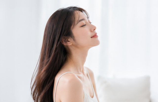 ドライヤーで髪を乾かし終わった若いアジア人女性