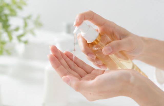 流さないトリートメントを手のひらに垂らしている若いアジア人女性の手元