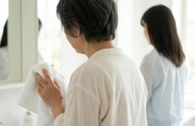 朝の明るく清潔な洗面所で並ぶ高齢者と若い女性