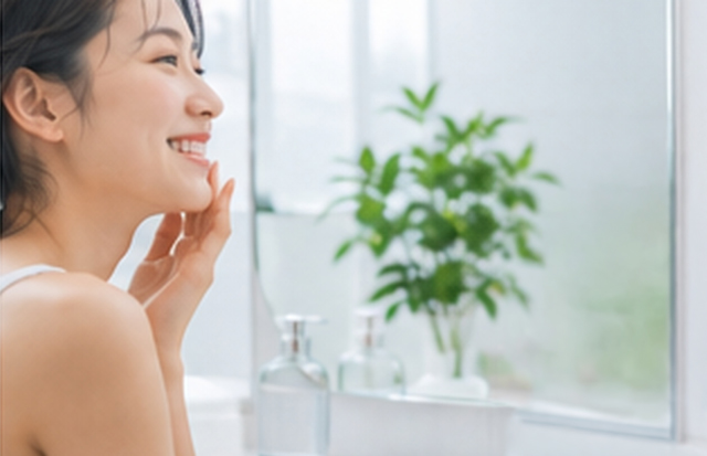 鏡に向かい肌の調子を見ている女性