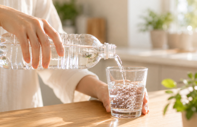 コップにペットボトルの水を注いでいる女性の手元