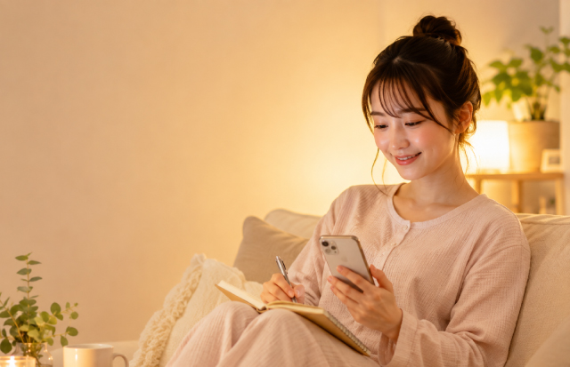 ソファでくつろぎながら、スマホとノートを見ている若い女性