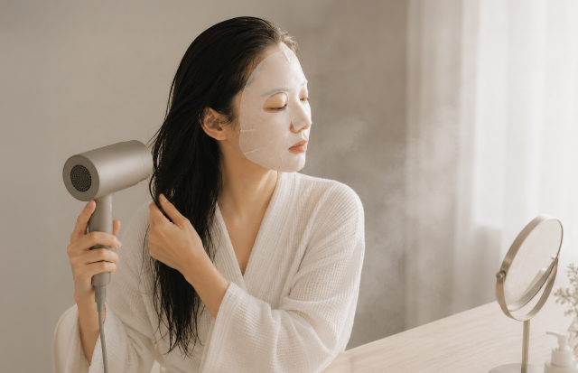 パックをしながら髪を乾かしている女性