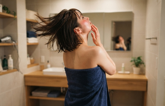 風呂上りにエアコンの風にあたる女性
