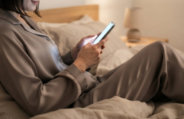 風呂上りにスマホを見ている女性