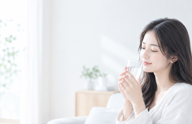 入浴前、コップの水を飲もうとしている若い日本人女性