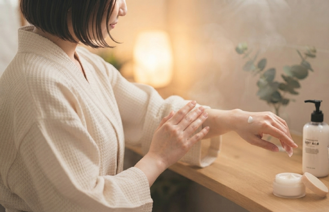 風呂上りに保湿をしている女性