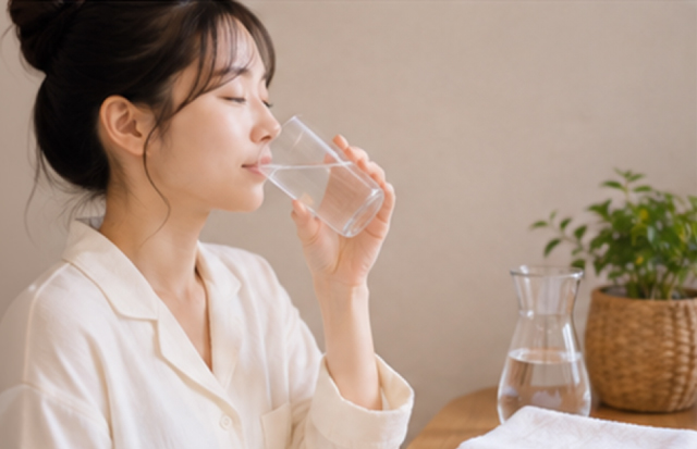 お風呂上がりにコップの水を飲んでいる若い女性