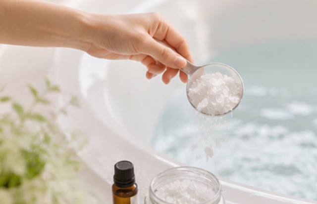 バスソルトをお湯に溶かしている手元