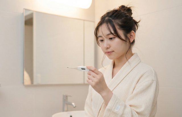 風呂上りに女性体温計を持つ女性