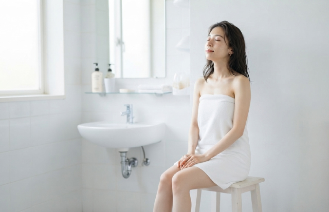 脱衣所の椅子に座り、目を閉じて深呼吸をしている若い女性
